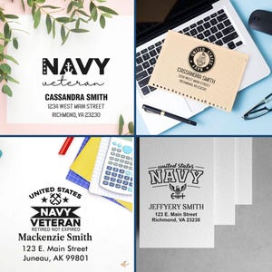 Op de afbeelding: Vier verschillende ontwerpen voor een retouradresstempel voor een veteraan van de Amerikaanse marine. De stempels zijn in de kleuren marineblauw en wit en tonen een anker, sterren en de woorden "United States Navy Veteran".