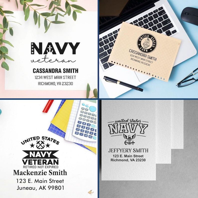 Op de afbeelding: Vier verschillende ontwerpen voor een retouradresstempel voor een veteraan van de Amerikaanse marine. De stempels zijn in de kleuren marineblauw en wit en tonen een anker, sterren en de woorden "United States Navy Veteran".