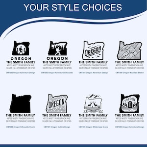 May include: A collection of black and white Oregon-themed designs. Each design features the word "Oregon" and the name "The Smith Family" with an address. Designs include silhouettes, outlines, and illustrations of mountains, hikers, and wildlife.