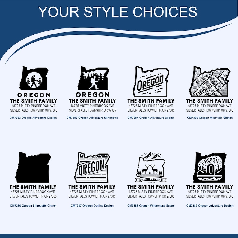 May include: A collection of black and white Oregon-themed designs. Each design features the word "Oregon" and the name "The Smith Family" with an address. Designs include silhouettes, outlines, and illustrations of mountains, hikers, and wildlife.
