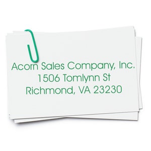 Image of a 3-line custom stamp featuring an office address stamp for Acorn Sales Company, Inc., 1506 Tomlynn St, Richmond, VA 23230. Ideal for artistic envelope stamping, enhancing professional correspondence.