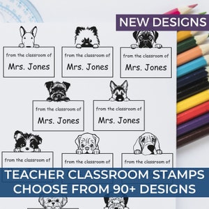 May include: A set of teacher classroom stamps featuring various dog breeds. The stamps are black and white and have the text "from the classroom of Mrs. Jones". The text "TEACHER CLASSROOM STAMPS CHOOSE FROM 90+ DESIGNS" is at the bottom of the image.