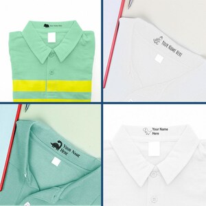 Self-inking fabric stamp for kids and uniforms displayed on colorful clothes. Ideal self-inking stamp for clothes, ensuring easy labeling for school uniforms and personal items. Perfect for parents seeking durable, personalized clothing stamps.