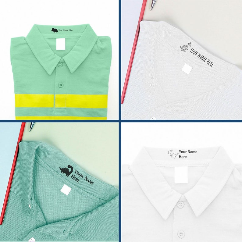Self-inking fabric stamp for kids and uniforms displayed on colorful clothes. Ideal self-inking stamp for clothes, ensuring easy labeling for school uniforms and personal items. Perfect for parents seeking durable, personalized clothing stamps.