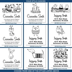 Custom address stamps featuring dog lover stamp designs, dog themed stamp options, and bird stamp for address. Personalize with styles like CM1578-Pooch Pack, CM1582-Hooting Owl, and CM1583-Sleepy Bird for unique flair.