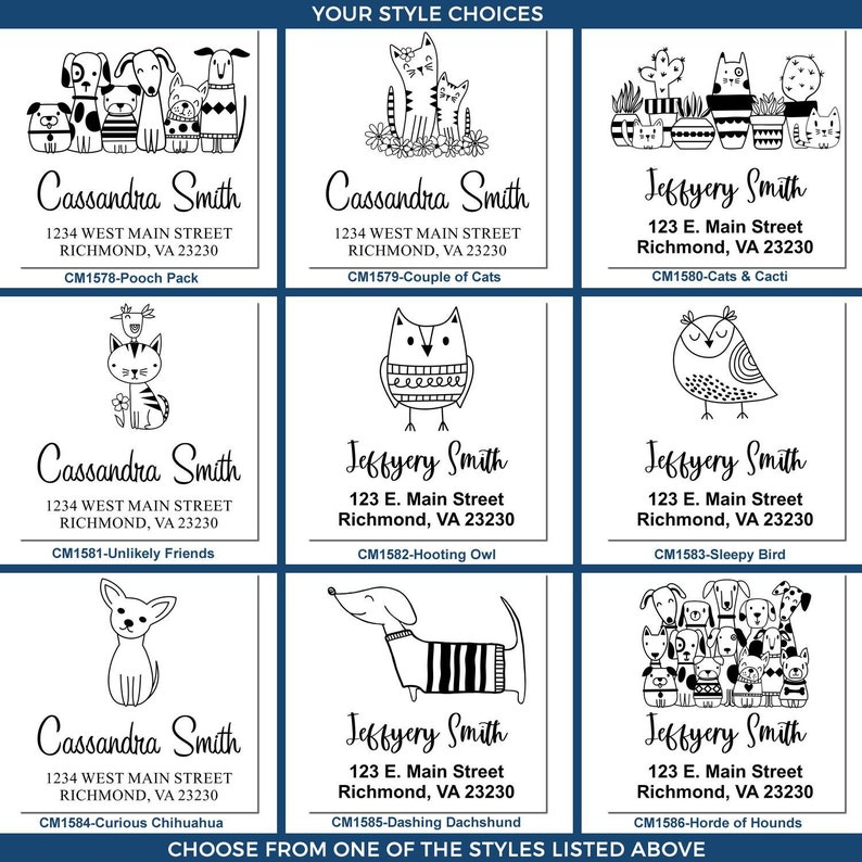 Custom address stamps featuring dog lover stamp designs, dog themed stamp options, and bird stamp for address. Personalize with styles like CM1578-Pooch Pack, CM1582-Hooting Owl, and CM1583-Sleepy Bird for unique flair.