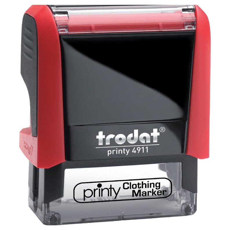Red and black Trodat Printy 4911 clothing marker for daycare name stamp, school name stamp, and kids name tag stamp. Ideal for labeling children's clothing and school supplies with personalized name tags.