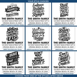 Grid of nine black-and-white personalized address label designs titled “Your Style Choices,” each featuring a different motivational quote above “THE SMITH FAMILY” and the sample address “123 West Main Street Apt 2, Virginia Beach, VA 23451,” with style codes CM5874–CM5882; footer reads “Choose from one of the styles listed above.”
