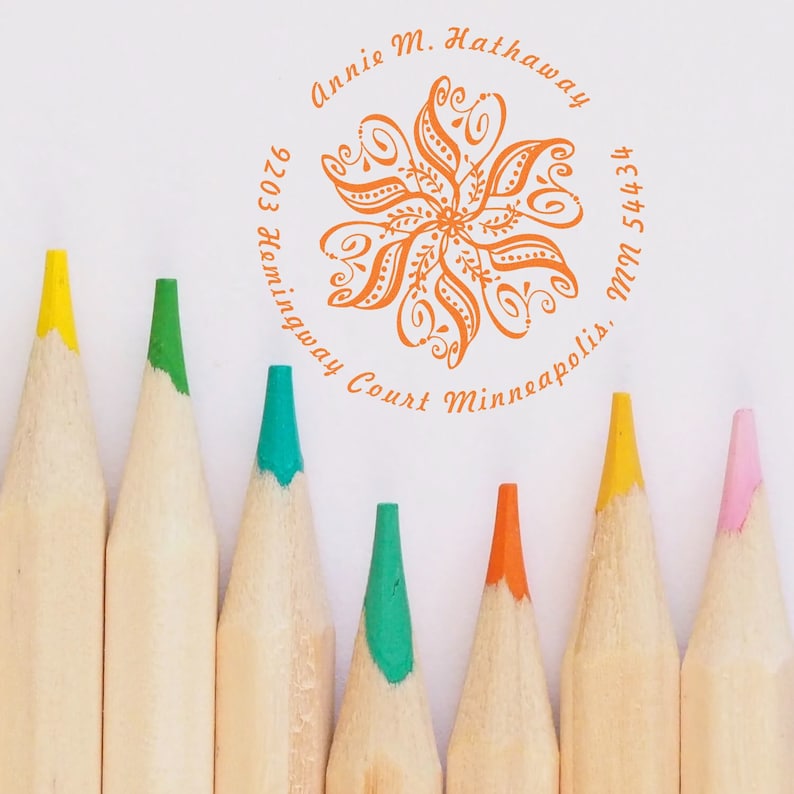 Elegant personalized address stamp featuring intricate design, perfect as a rubber stamp for cards. This stylish address stamp adds a touch of sophistication to your correspondence. Ideal for personalizing envelopes and stationery.