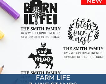 Farm Life Custom Stamp, 3 Line Personalized Address Stamp, Self Inking or Wood Handle, Rustic Country Return Address Stamp