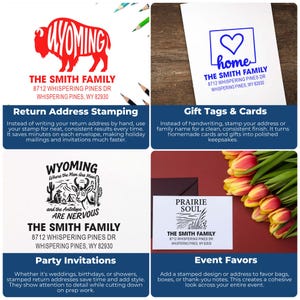 K&ouml;nnte beinhalten: Ein Collage von vier Briefpapierdesigns mit der Adresse "THE SMITH FAMILY". Designs umfassen einen roten Wyoming-Bison, ein blaues Herz, eine Schwarz-Wei&szlig;-Illustration und eine Landschaft. Der Text wirbt f&uuml;r Adressstempel, Geschenkanh&auml;nger, Party-Einladungen und Gastgeschenke.