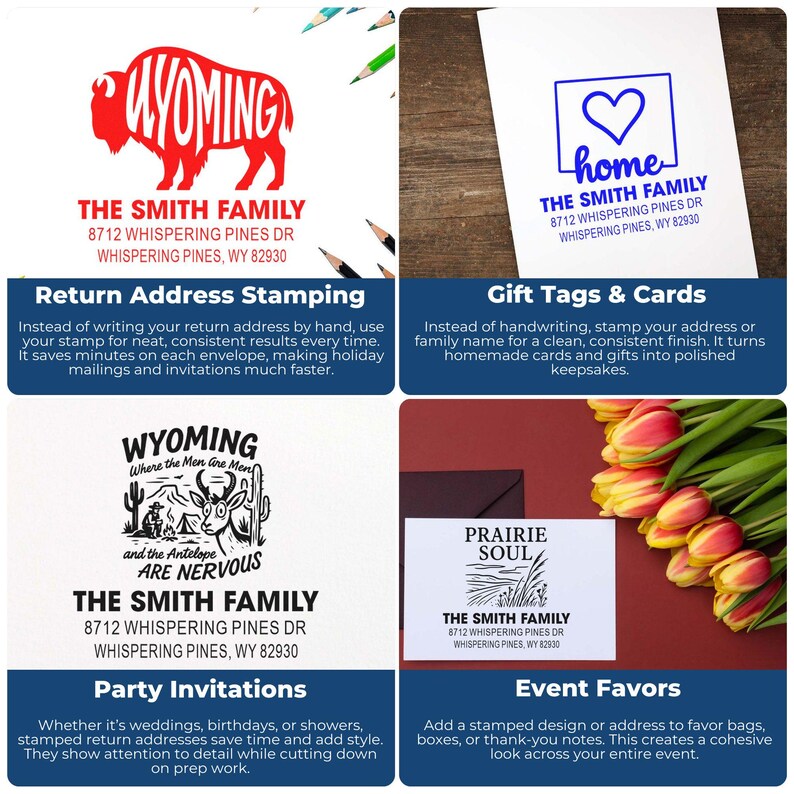 K&ouml;nnte beinhalten: Ein Collage von vier Briefpapierdesigns mit der Adresse "THE SMITH FAMILY". Designs umfassen einen roten Wyoming-Bison, ein blaues Herz, eine Schwarz-Wei&szlig;-Illustration und eine Landschaft. Der Text wirbt f&uuml;r Adressstempel, Geschenkanh&auml;nger, Party-Einladungen und Gastgeschenke.