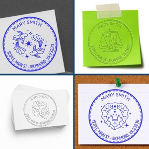 Astrological address stamp designs featuring custom self-ink options with zodiac symbols. Includes return address stamp styles like custom moon stamp for personalized stationery. Perfect for adding a celestial touch to your correspondence.