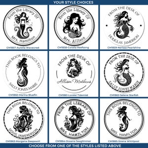 Nine personalized stamps featuring custom bookplate designs with nautical decor, ideal as a gift for book lovers. Each stamp showcases unique mermaid illustrations and personalized text options for a distinctive touch.