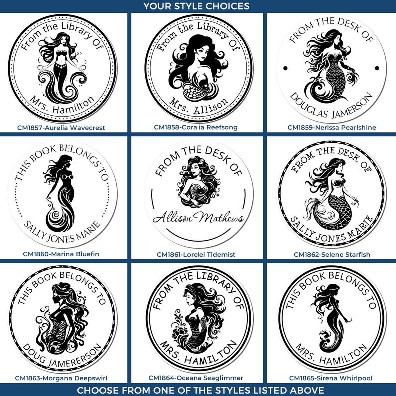 Nine personalized stamps featuring custom bookplate designs with nautical decor, ideal as a gift for book lovers. Each stamp showcases unique mermaid illustrations and personalized text options for a distinctive touch.