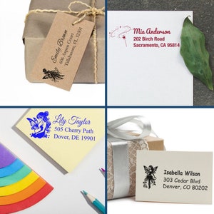 Personalized stationery featuring address design with a personalized pixie stamp. Includes examples of custom return address labels and stamps for unique and stylish correspondence. Perfect for adding a personal touch to your mail.