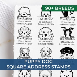 Custom address stamp featuring various dog breeds with a dog paw stamp design. Personalize your mail with a custom dog stamp, perfect for pet lovers. Ideal for adding a unique touch to your correspondence with an address stamp.