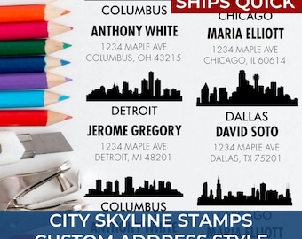 Bold Custom Square Wedding Address Stamps with Striking City Skyline Artwork for Urban Style Correspondence, Ships Fast