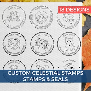 Celestial Address Stamp collection featuring Zodiac Sign Stamp designs. Personalized Zodiac Stamp options available. Self Inking Stamp for convenience. Choose from 18 unique astrology-themed designs for a custom touch.