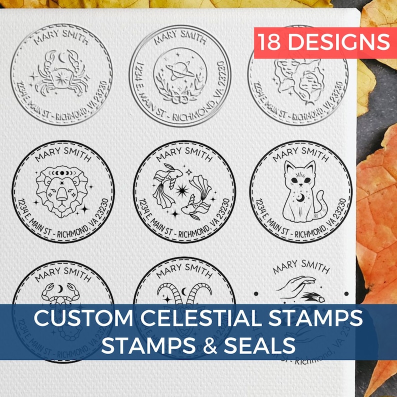 Celestial Address Stamp collection featuring Zodiac Sign Stamp designs. Personalized Zodiac Stamp options available. Self Inking Stamp for convenience. Choose from 18 unique astrology-themed designs for a custom touch.