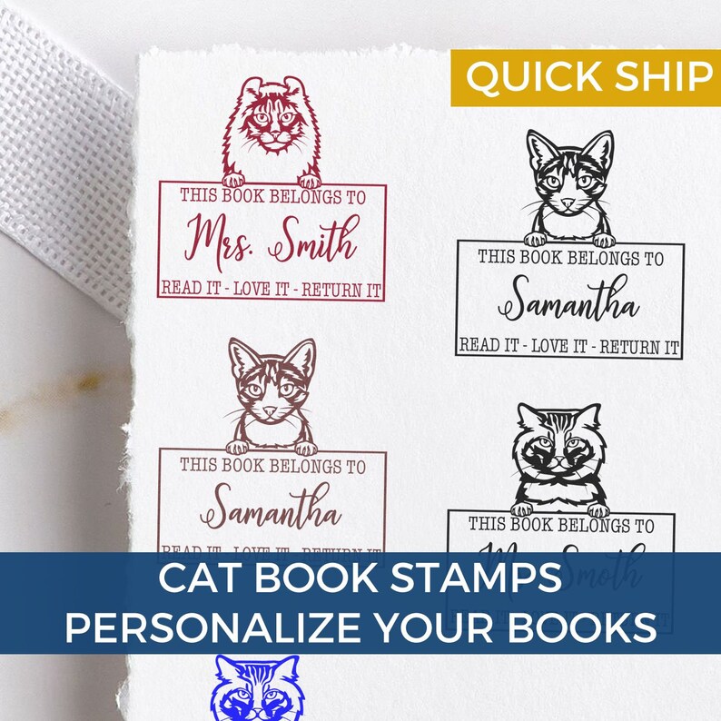 Personalized library stamp featuring cat designs, perfect for book lovers. Ideal book stamps for marking ownership. Great bookish gifts and bookish stationery for adding a personal touch to your collection. Quick ship available.