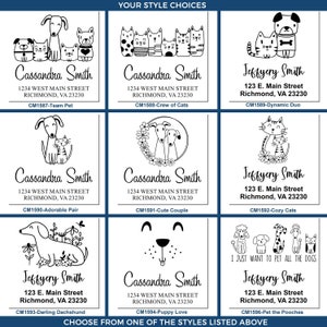 Personalized pet stamp designs featuring self-inking address stampers with adorable kitten and puppy illustrations. Ideal for creating a unique kittens stamp for address labeling. Perfect for pet lovers seeking custom address solutions.