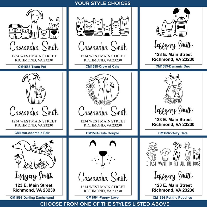 Personalized pet stamp designs featuring self-inking address stampers with adorable kitten and puppy illustrations. Ideal for creating a unique kittens stamp for address labeling. Perfect for pet lovers seeking custom address solutions.