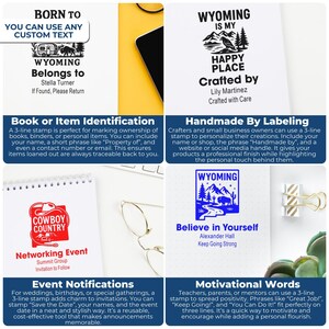 K&ouml;nnte beinhalten: Das Bild zeigt verschiedene Stempeldesigns mit Text. Ein Stempel lautet "Wyoming Belongs to" mit einer Wohnwagen-Grafik. Ein anderer sagt "Wyoming is my Happy Place". Weitere Stempel sind "Cowboy Country" und "Believe in Yourself".