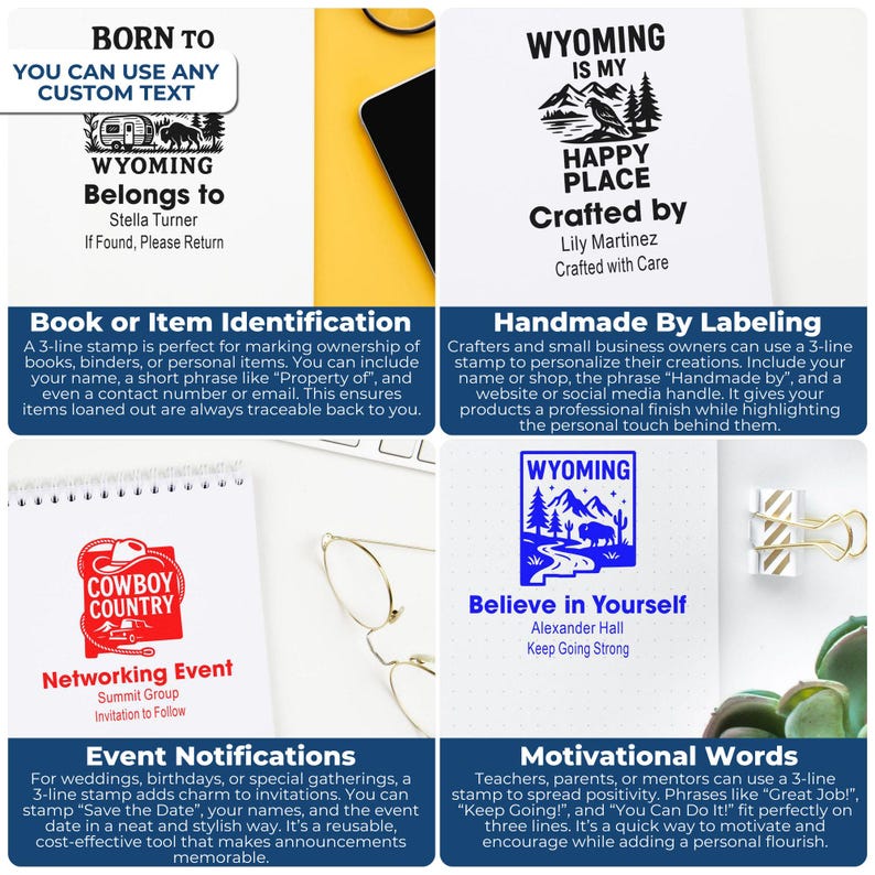 K&ouml;nnte beinhalten: Das Bild zeigt verschiedene Stempeldesigns mit Text. Ein Stempel lautet "Wyoming Belongs to" mit einer Wohnwagen-Grafik. Ein anderer sagt "Wyoming is my Happy Place". Weitere Stempel sind "Cowboy Country" und "Believe in Yourself".