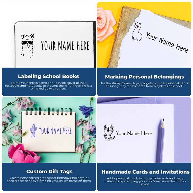 Image showcasing various uses of a custom name stamper, including labeling school books, marking personal belongings, creating custom gift tags, and personalizing handmade cards. Features signature rubber stamp and signature name stamp designs.