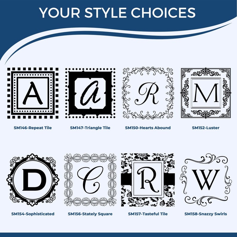 Wood monogram stamp options for wedding invitation stamp or initials gift stamp. Choose from various styles featuring initials monogram designs, perfect for personalizing your special occasions.