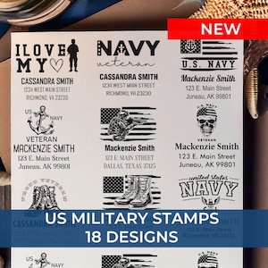 May include: A sheet of 18 different US military themed rubber stamps. The stamps feature various designs including an anchor, a skull, boots, and a soldier with a rifle. The stamps are black and white and have text that includes "US Navy", "Veteran", and "Proud to be a Veteran".