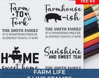 Custom Farm Stamp, 3 Line Custom Stamp, Personalized Address Return Stamp, Self Inking or Wood Handle, Rustic Country Name Stamp