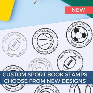 Sports Custom Book Stamps, Seals, Custom Library Stamps, Sports, Basketball, Football, Soccer, Tennis, Bowling, Self-Inking Stamp, Embossing