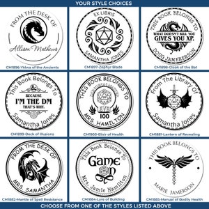 Nine customized rubber stamp designs for RPG gifts, perfect for personalized gifts and stamping supplies. Each stamp features unique fantasy-themed styles, ideal for book lovers and role-playing enthusiasts.