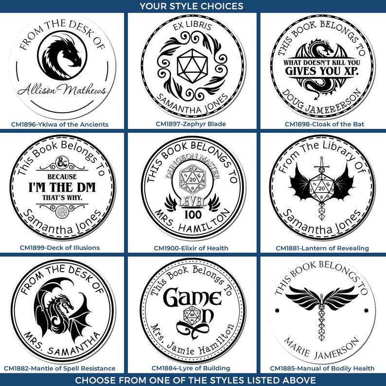 Nine customized rubber stamp designs for RPG gifts, perfect for personalized gifts and stamping supplies. Each stamp features unique fantasy-themed styles, ideal for book lovers and role-playing enthusiasts.