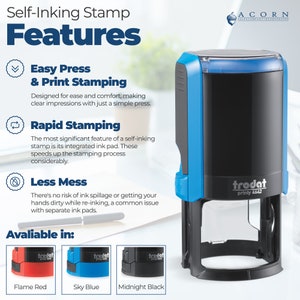 Self-inking stamp in blue, ideal for nautical stamps, mermaid gift, and book lover gift. Perfect for creating personalized nautical gifts with ease. Features easy press, rapid stamping, and less mess. Available in flame red, sky blue, and midnight bl