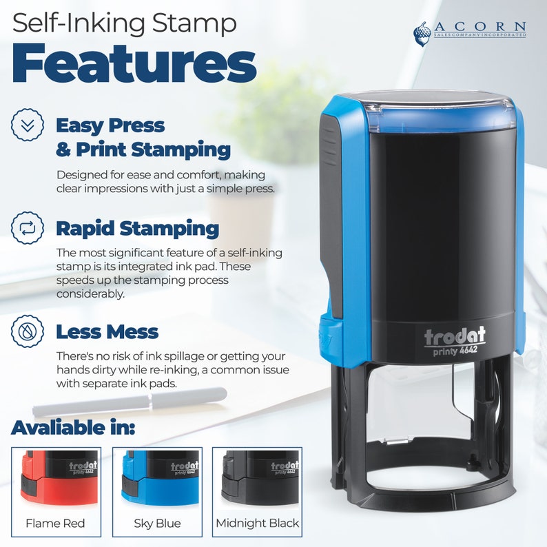 Self-inking stamp in blue, ideal for nautical stamps, mermaid gift, and book lover gift. Perfect for creating personalized nautical gifts with ease. Features easy press, rapid stamping, and less mess. Available in flame red, sky blue, and midnight bl