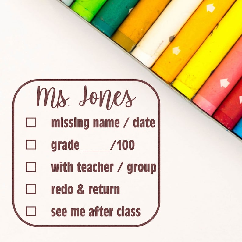 Custom teacher stamp featuring a self-inking design, ideal for teacher tools. Includes options for missing name/date, grade, group work, redo, and see me after class. Perfect for classroom organization and feedback.