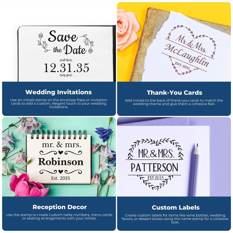 Custom wedding stamp featuring a Save the Date design, perfect for wedding announcement stamps. Ideal as a gift for couples, this versatile stamp can be used for thank-you cards, reception decor, and personalized labels.