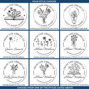 Custom self-inking stamp designs for library book stamps, perfect as children's book stamps or a bookish gift. Choose from various styles featuring floral and personalized options to enhance your book collection.