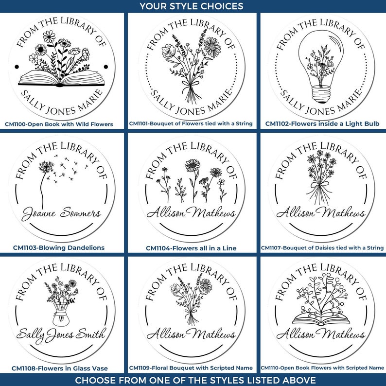 Custom self-inking stamp designs for library book stamps, perfect as children's book stamps or a bookish gift. Choose from various styles featuring floral and personalized options to enhance your book collection.