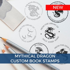 Personalized Dragon Book Embosser and Dragon Library Stamp, Majestic, Mythical Dragons, Celestial, Wood Rubber Stamp or Self-Inking Stamps