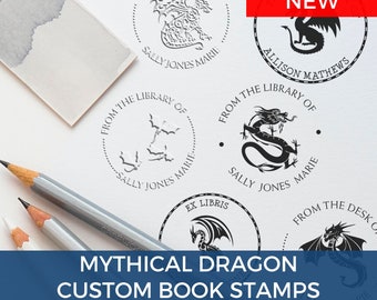 Personalized Dragon Book Embosser and Dragon Library Stamp, Majestic, Mythical Dragons, Celestial, Wood Rubber Stamp or Self-Inking Stamps