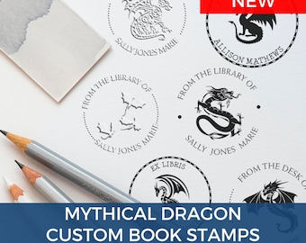 Personalized Dragon Book Embosser and Dragon Library Stamp