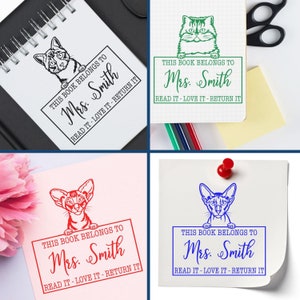 Custom stamp designs featuring cats, perfect for custom gifts and stationery supplies. Ideal gifts for librarians, these personalized stamps add a unique touch to books and notebooks.