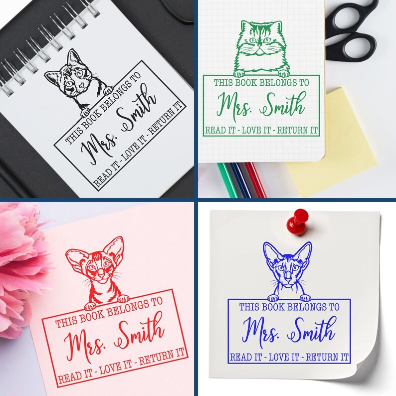 Custom stamp designs featuring cats, perfect for custom gifts and stationery supplies. Ideal gifts for librarians, these personalized stamps add a unique touch to books and notebooks.