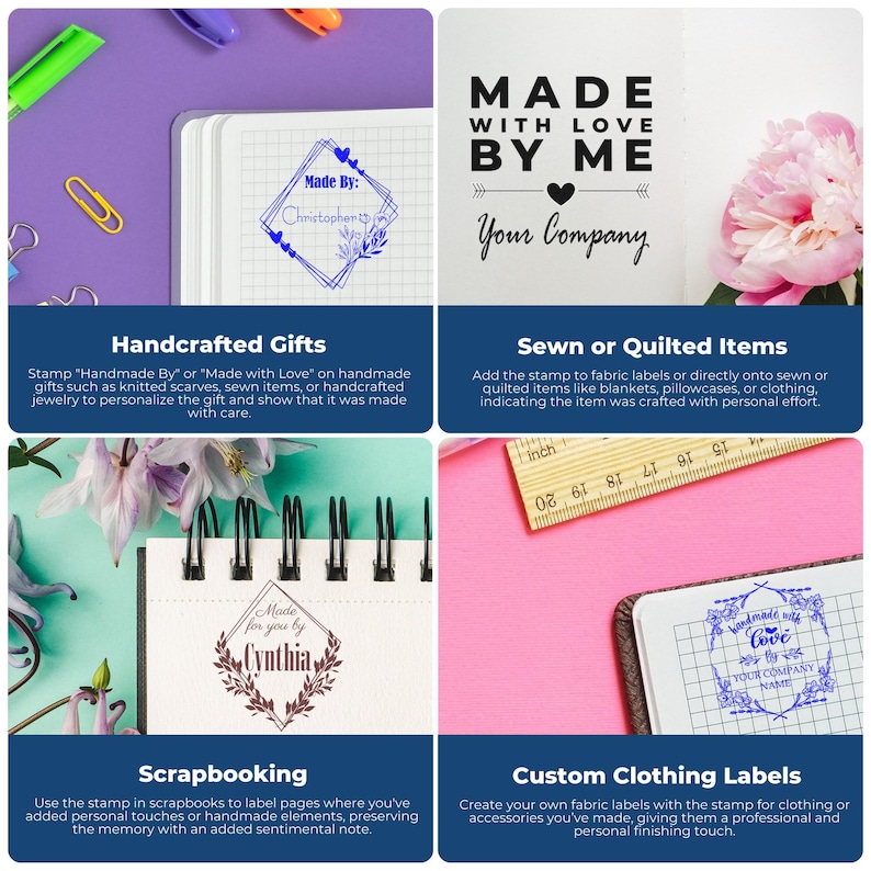 Infographic showcasing various uses of a self-inking, personalized stamp with the text 'Made With Love.' The stamp is used on handcrafted gifts, sewn or quilted items, scrapbooking, and custom clothing labels. Each section highlights the versatility