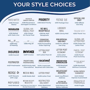 Image displaying various custom stamps for express mail, first class shipping, and official use. Includes options for insured mail, forwarding, and shipping rates. Ideal for enhancing postal efficiency and style.