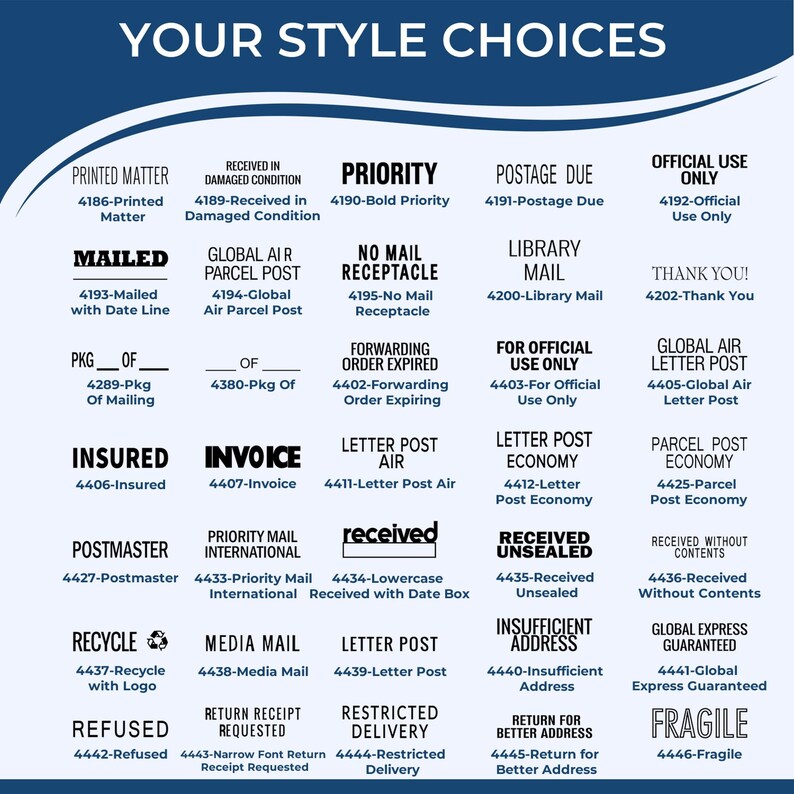 Image displaying various custom stamps for express mail, first class shipping, and official use. Includes options for insured mail, forwarding, and shipping rates. Ideal for enhancing postal efficiency and style.